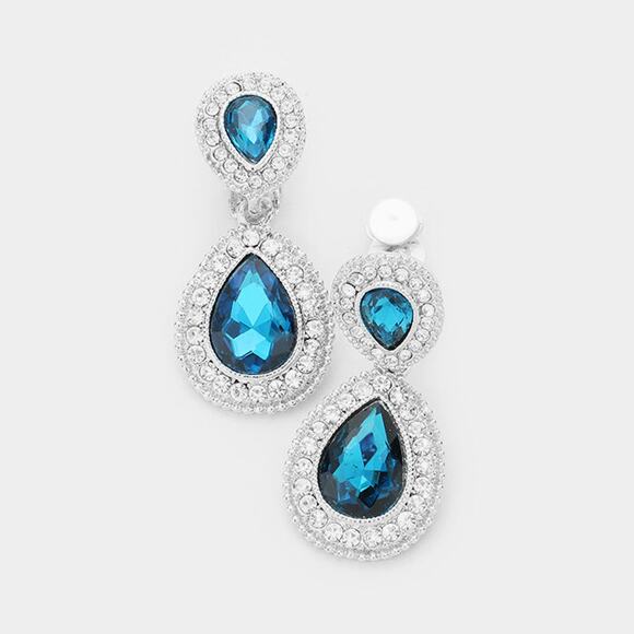 Clip on 1 3/4" silver, turquoise & clear stone double teardrop earrings - Picture 1 of 1